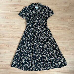 Vintage Maggie London Short Sleeve Floral Long Button Up Front Dress Petites 2